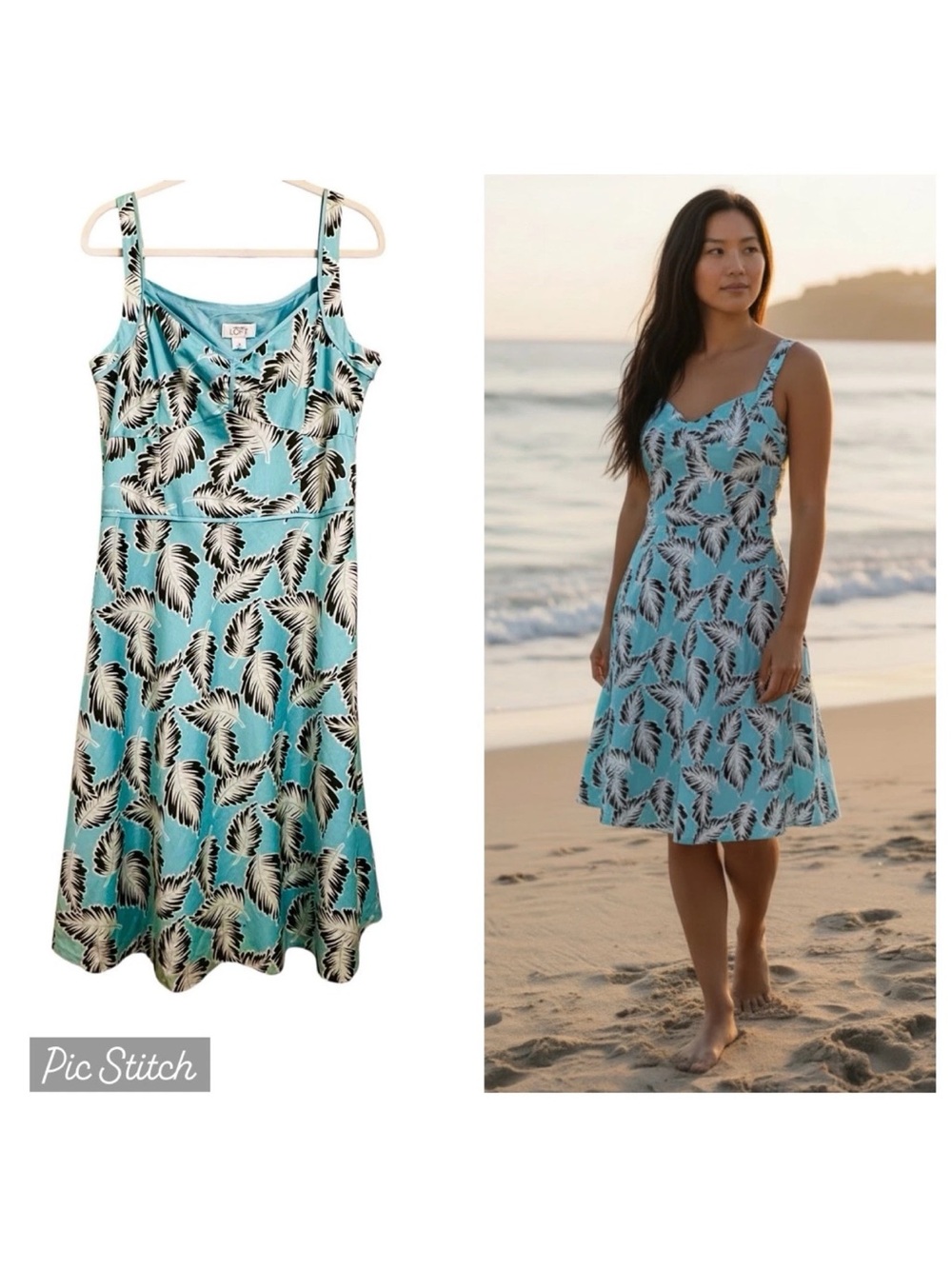 LOFT NWT 14 Sundress Babydoll Bodice Fit & Flare Skirt Aqua Palms Tropical